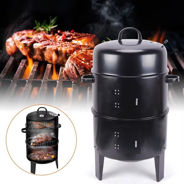 3-in-1 BBQ-Grilli – Savustin, Grilli & Haudutuspata | Suuri Kapasiteetti & Säädettävä Ilmavirtaus Black