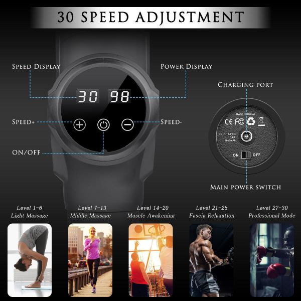 C4U® Massagepistol LCD Touch skärm 30 olika lägen 6st munstycken Svart
