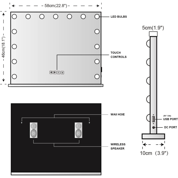 Bluetooth Hollywood -peili valaistuksella, 15 himmennettävää LED-lamppua Silver 58 x 46cm + Bluetooth Speaker