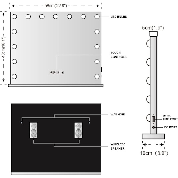 Bluetooth Hollywood spegel med belysning, 15 dimmer-LED-lampor, sminkspegel Silver 58 x 46cm + Bluetooth Speaker