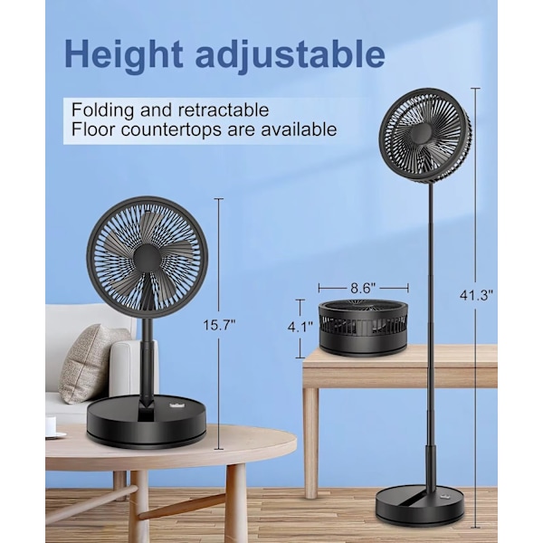 Sammenklappelig & Genopladelig Ventilator – 23 cm, 100 cm højde, 7200 mAh batteri & fjernbetjening Black