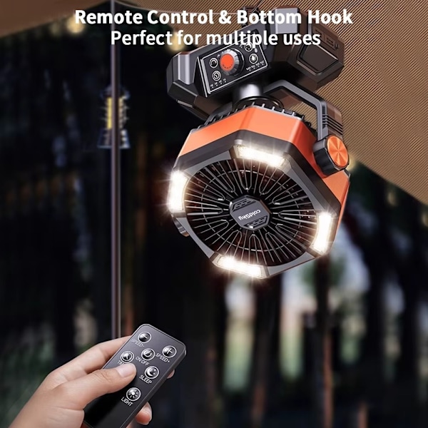 Portabel Campingfläkt med LED-lampa – 8 hastigheter, 20000mAh batteri & fjärrkontroll Orange