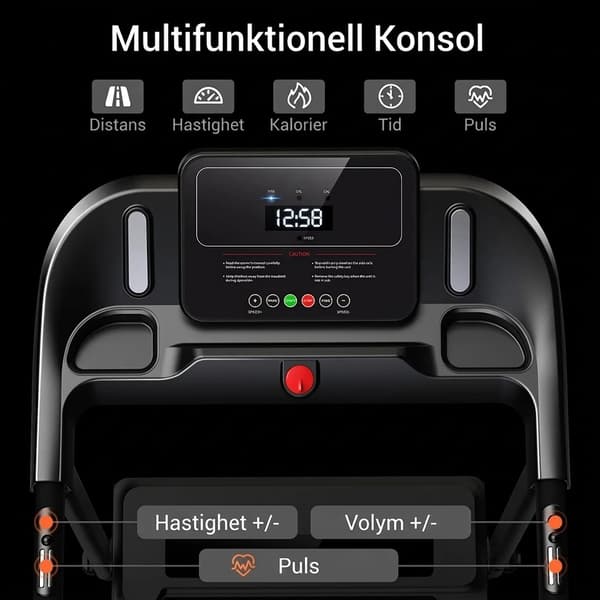 Hopfällbart löpband P9 - 14 km/h | Tyst borstlös motor 3,0 HK | Pulssensor | 12 program | Max 136 kg