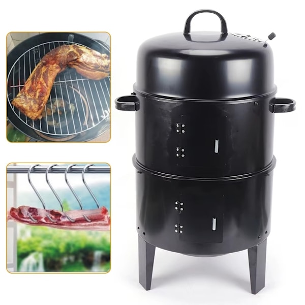 3-i-1 BBQ Grill SMOKER – Røgning, Grillning & Braisering | Stor Kapacitet & Justerbar Lufttilførsel Black
