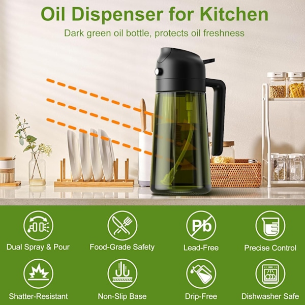 2-i-1 Oljespray & Dispenser – Mörk Glasflaska för Matlagning & Grillning Transparent