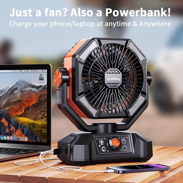 Portabel Campingfläkt med LED-lampa – 8 hastigheter, 20000mAh batteri & fjärrkontroll Orange
