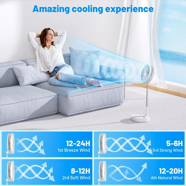 Sammenklappelig & Genopladelig Ventilator – 23 cm, 100 cm højde, 7200 mAh batteri & fjernbetjening Black