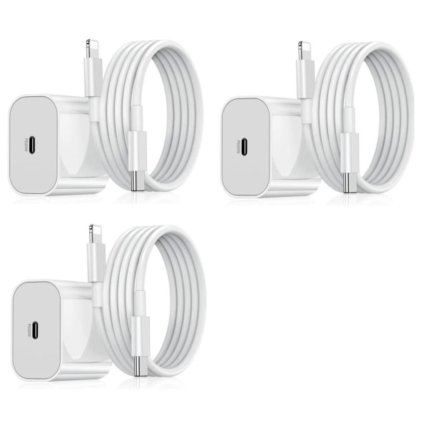 Laddare USB-C kompatibel med iPhone strömadapter 20W + 2m Kabel White 3-Pack för iPhone