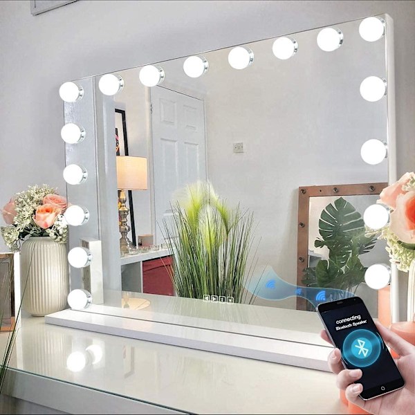 Bluetooth Hollywood -peili valaistuksella, 15 himmennettävää LED-lamppua Silver 58 x 46cm + Bluetooth Speaker