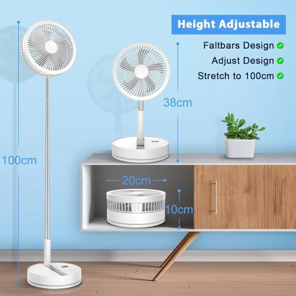 Sammenklappelig & Genopladelig Ventilator – 23 cm, 100 cm højde, 7200 mAh batteri & fjernbetjening White