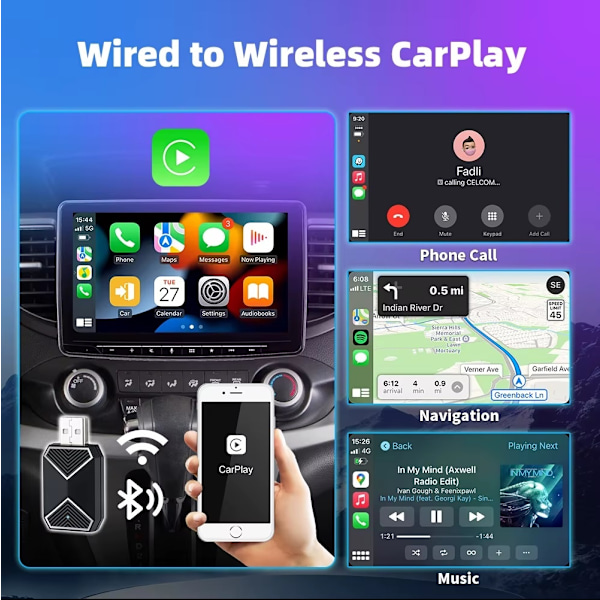 Langaton CarPlay-sovitin 2025 – Yhteensopiva iPhone iOS:n ja Androidin kanssa Black