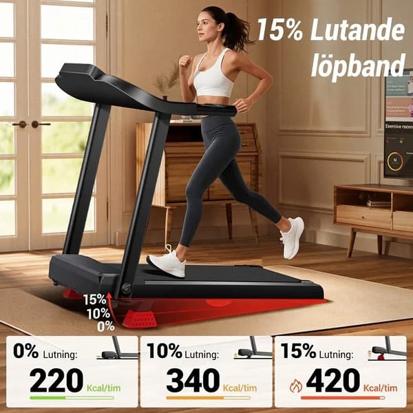 Hopfällbart löpband P9 - 14 km/h | Tyst borstlös motor 3,0 HK | Pulssensor | 12 program | Max 136 kg