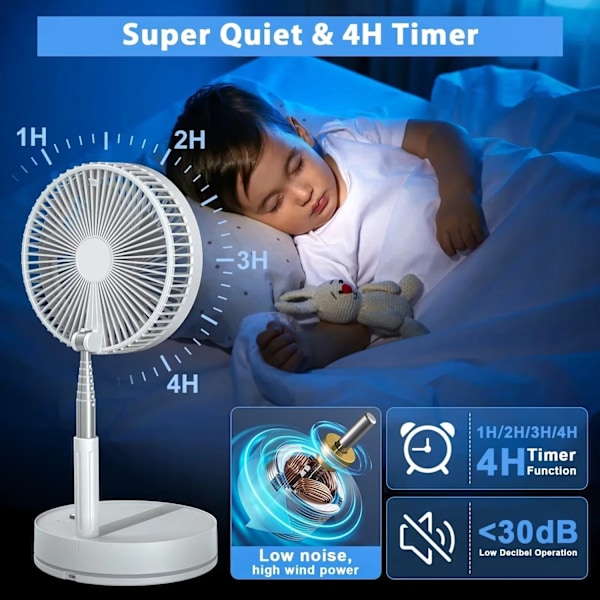 Sammenklappelig & Genopladelig Ventilator – 23 cm, 100 cm højde, 7200 mAh batteri & fjernbetjening Black