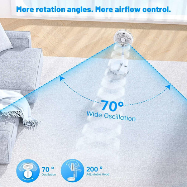 Sammenklappelig & Genopladelig Ventilator – 23 cm, 100 cm højde, 7200 mAh batteri & fjernbetjening White