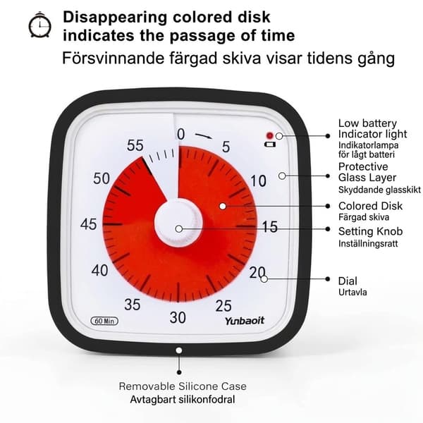 Visuel timer 60 minutter 2-pak – lydløs tidsvisning til børn, klasseværelse og lektier, sort Black