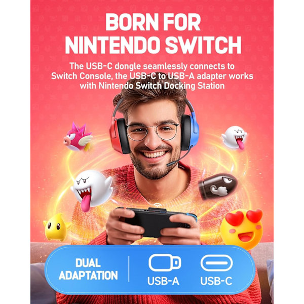 Trådløst gamingheadset 2.4GHz/Bluetooth 5.4 med støjreducerende mikrofon – 40t batteri, USB-C, kompatibelt med Switch, PS5, PC. Blue