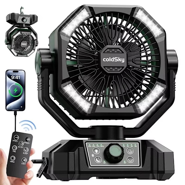Portabel Campingfläkt med LED-lampa – 8 hastigheter, 20000mAh batteri & fjärrkontroll Svart