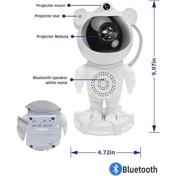 Astronautti Yövalo / Galaksivalo - Tähtitaivasprojektori Bluetooth-kaiuttimella White