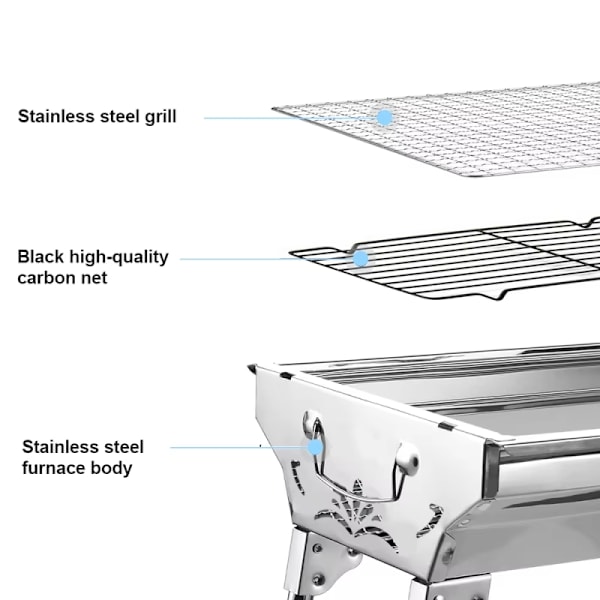 Taitettava BBQ-grilli ruostumattomasta teräksestä – Kannettava hiiligrilli Silver