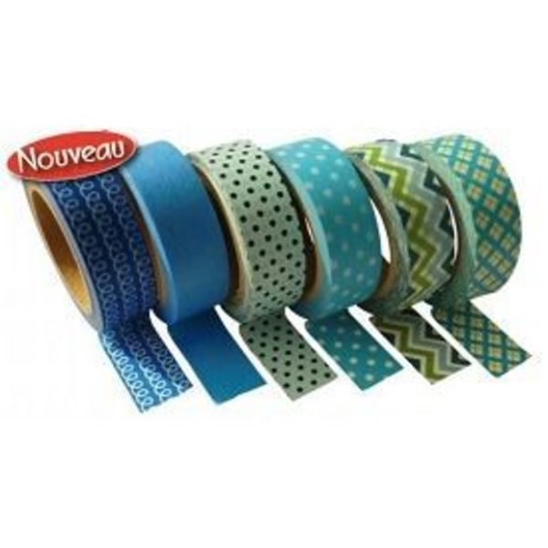 Tejpförsörjning - Pojke - 6-pack - Flerfärgad - 15mm x 10m - Scrapbooking och dekoration Grafisk blå, Enfärgad blå, Celadon 