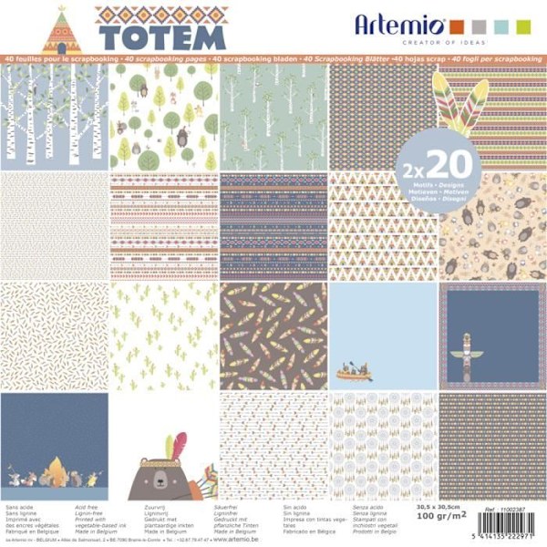Scrapbookingpapper - Totem - Block med 40 Ark - 30,5 x 30,5 cm - 100 gr/m² - Flerfärgad