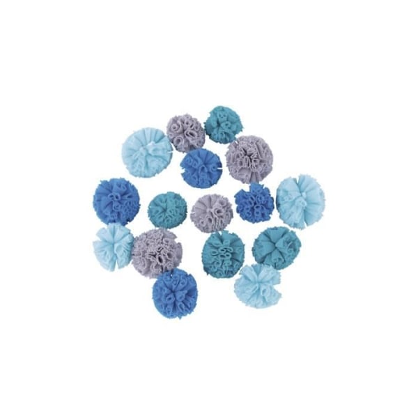 Soft Tulle Assorted Pompoms, blå - grå toner, ø2,5cm+ø3cm, Box med 16 st