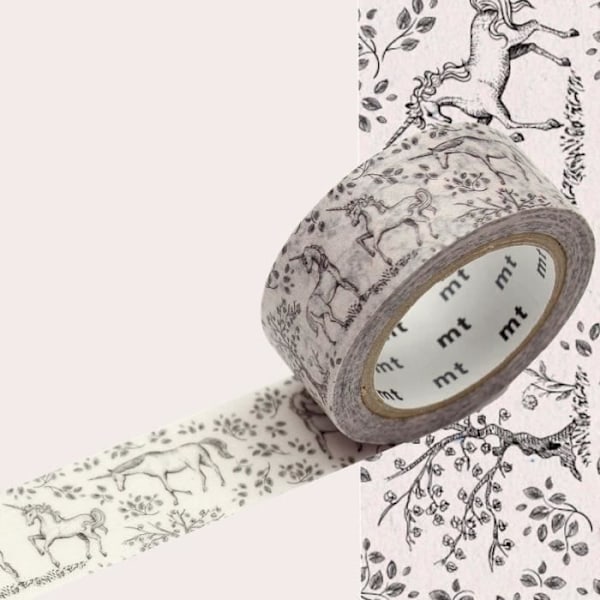 Masking Tape - MT - Enhörning - 1,8 cm x 7 m - Svart och vit - Klisterpapper Svartvitt