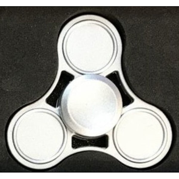 Grå silverfärgad handspinner i metall med sin förpackning. Grå, Silver