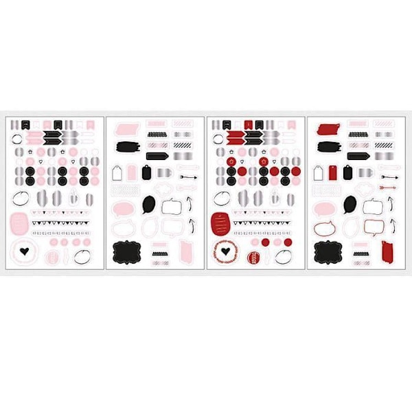 Klistermärken för Bullet journal 4 ark - vit, röd, svart Vit, Röd, Svart, Rosa