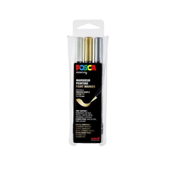 Penselmarkörer - POSCA - PC350 - Set med 3 - Guld - Silver - Vit Guld, Silver, Vit