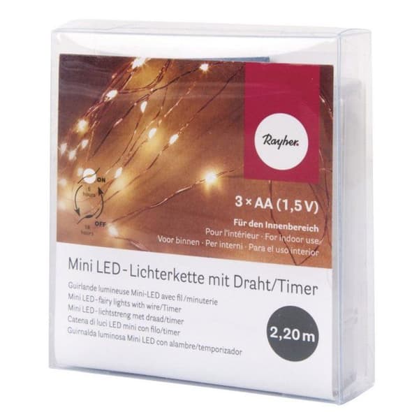 Mini-ljusslinga med LED med sladd/timer, 220cm, 20LED, batteridriven, ljusgul Gul