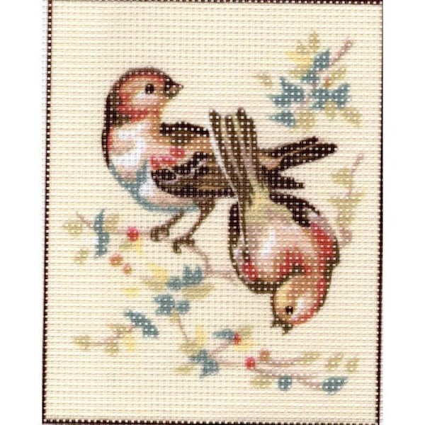Kit Canevas - Pénélope - Fåglar - 14 x 18 cm - Tryckt duk - Nål och tråd inkluderat Vit