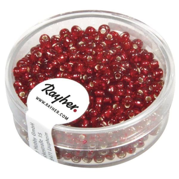 Rocailles,2,6 mm av. silverinredning, låda 16 g, röd Röd