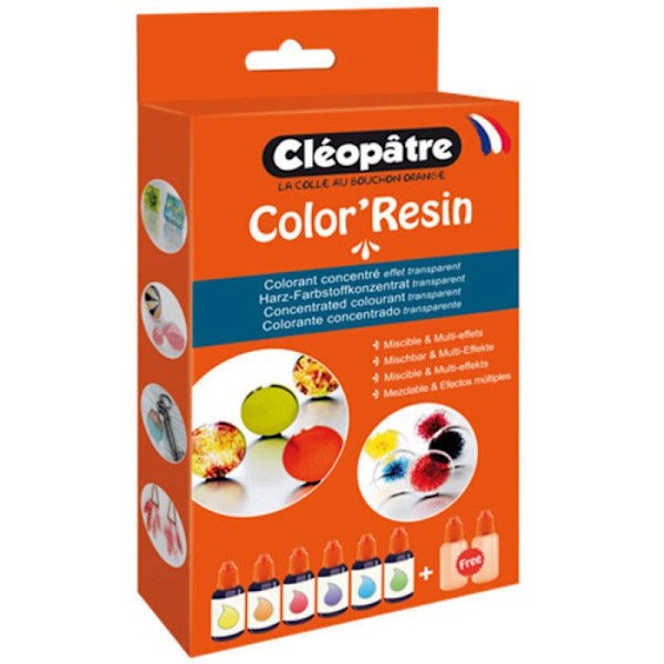 Pigmentfärgämne Färg'Resin 6 coul och 2 tomma flaskor Gul, Orange, Röd, Lila, Blå, Grön
