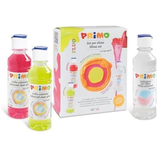 Färgad Transparent Flytande Lim - PRIMO - Fluorescerande Slime - 2 x 240 ml - Aktiverare Inkluderad - Tillverkat i Italien Flerfärgad