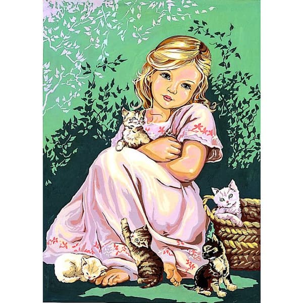 Antik duk Flicka med katter 45x60cm