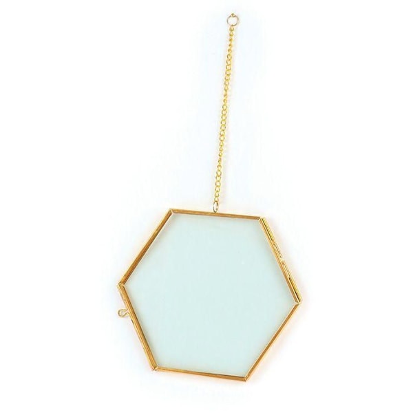 Vintage glasram - sexkant med metallkedja - 15 x 13 cm gyllene