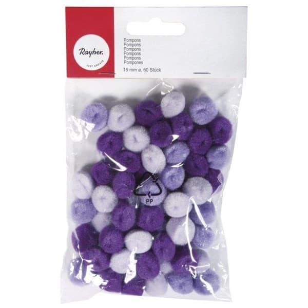 Pomponer, 15 mm, 60 st, lila assorterade