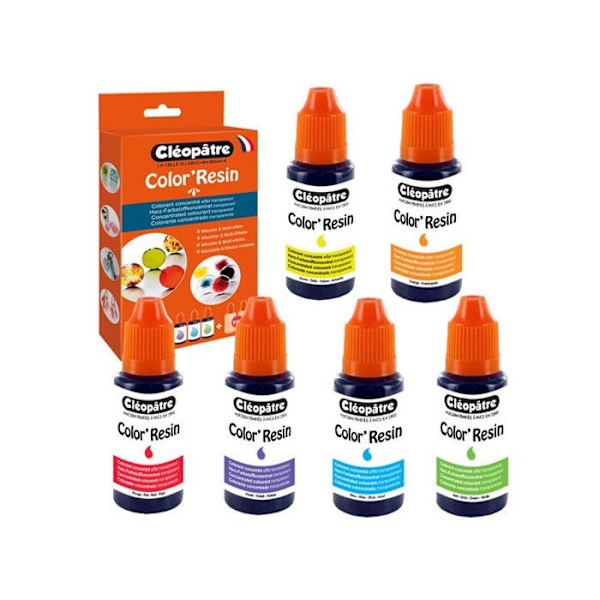 Pigmentfärgämne Färg'Resin 6 coul och 2 tomma flaskor Gul, Orange, Röd, Lila, Blå, Grön