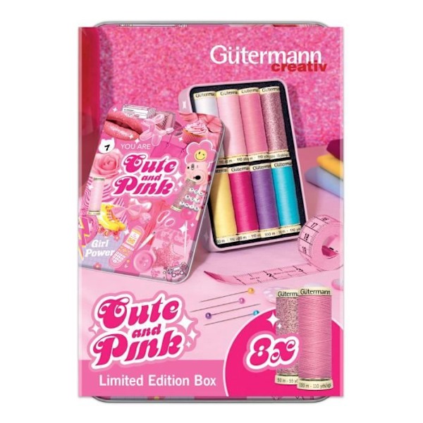 Sybehör för sömnad - GUTERMANN - Söt och rosa låda - 8 spolar - 100% polyamid - Metalltråd Söt och rosa