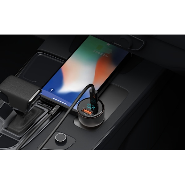 Bil-laddare med LED-display 2x (USB-A USB- C) Svart