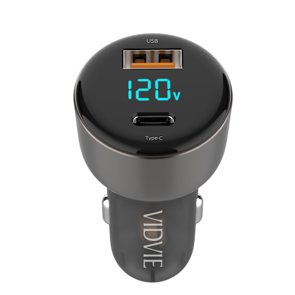 Bil-laddare med LED-display 2x (USB-A USB- C) Svart