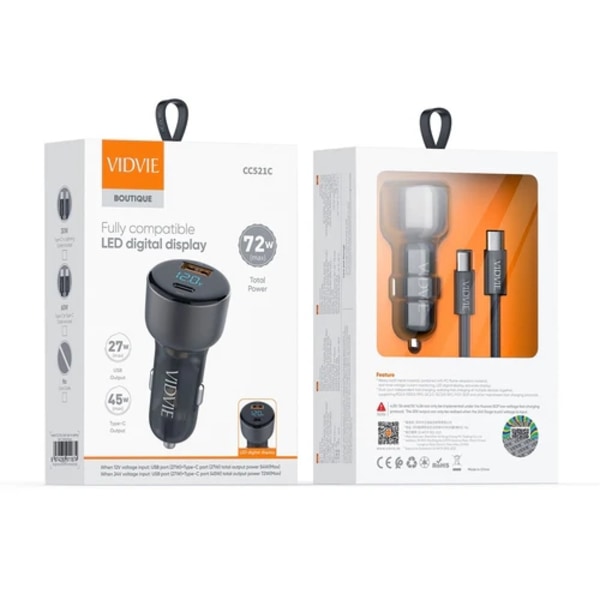 Bil-laddare med LED-display 2x (USB-A USB- C) med Kabel type C till Type C Svart