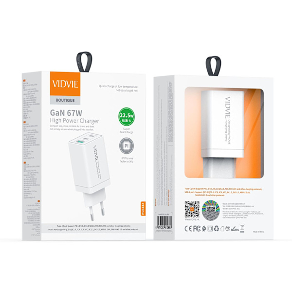 SuperFast Laddare GaN 67W 3X(1x USB A - 2x USB C) iPhone 15serie Vit