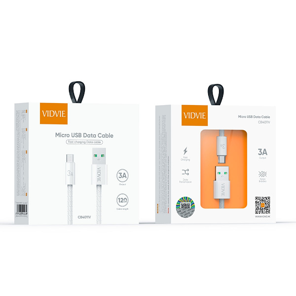 VIDVIE Kabel USB A till Micro USB - fast charge 120 CM White