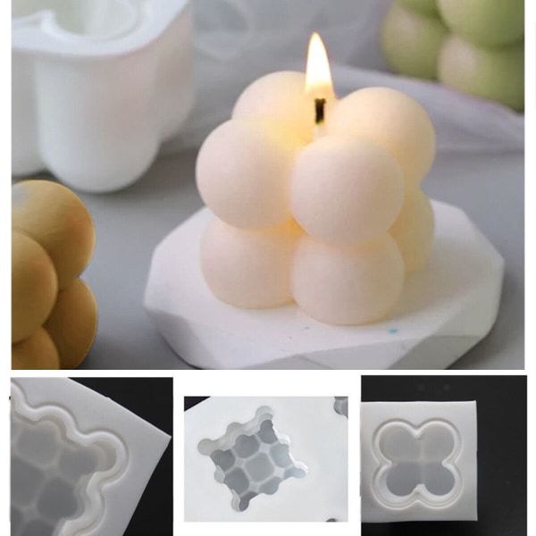 2 STK 3D-kubvax Ljus Gipsform Mould Fyrkantig Bubble Dessertform Form DIY S