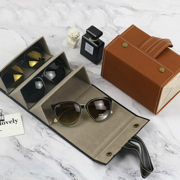 Flera platser Solglasögon Organizer Case Vikbar glasögon förvaringsbox Brown 3 Slots