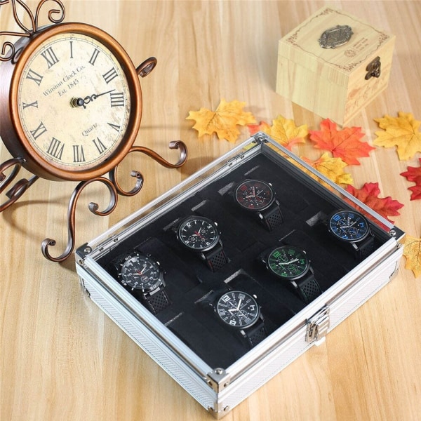 12 Aluminium watch Display Förvaringslåda Case Watch Klocksamlare silver