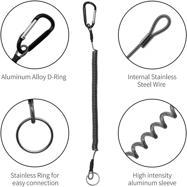 6st fiskelina säkerhetstråd stållinsspiral Infällbar nyckelring med karbinhake svart