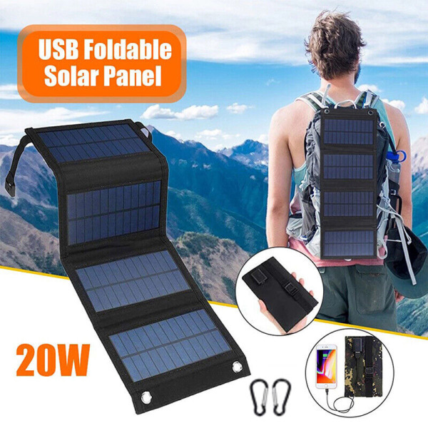 20W Solpanel Vikbar Bärbar Power USB Camping Travel Phone Laddare Black